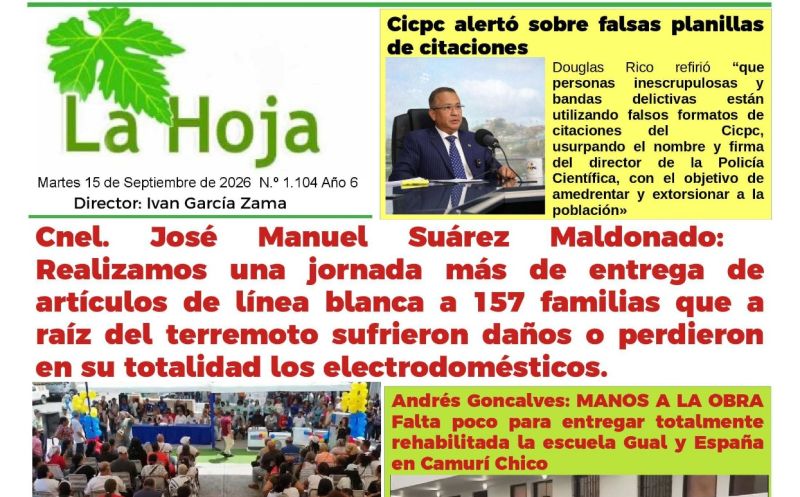 Diario La Hoja martes 15 de Septiembre 2026 N° 1.104 Año 6